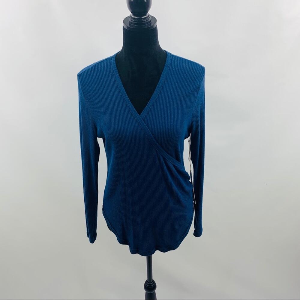 Caslon Dark Blue Faux Wrap V Neck Ribbed Tee - Picture 5 of 10